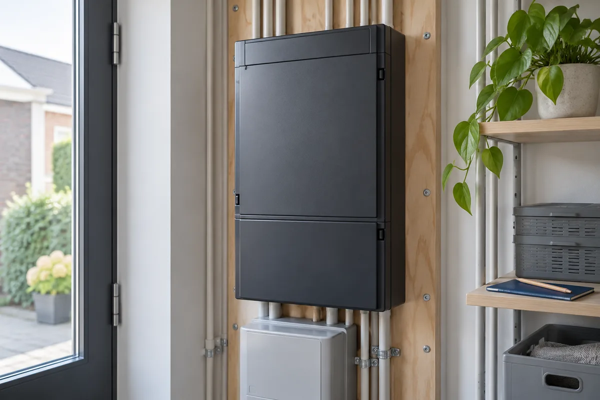 Illustratieve AI-afbeelding van een verzorgde elektrische installatie; geen uitgevoerd project.